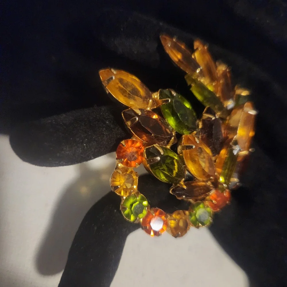 Vintage Amber Green Orange Rhinestone Layered Brooch Gold Tone Autumn Fall Jewel